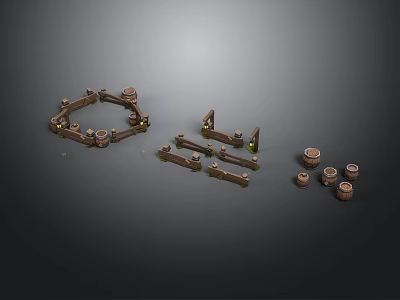 Brown Wooden Scene Construction Components Including Curved Straight Circular Parts And Cylindrical Pieces 3d model