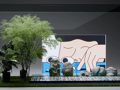 Tranquil Indoor Landscape With Lush Green Plants Rocks Water Feature And Art Painting 3d model