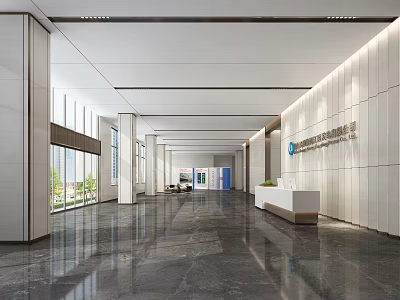 Modern Front Desk Reception Area With White Wall Marble Floor And Large Windows 3d model
