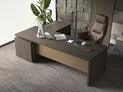 Modern Office Desk Interior With Dark Wood Laptop Table Lamp And Leather Chair 3d model