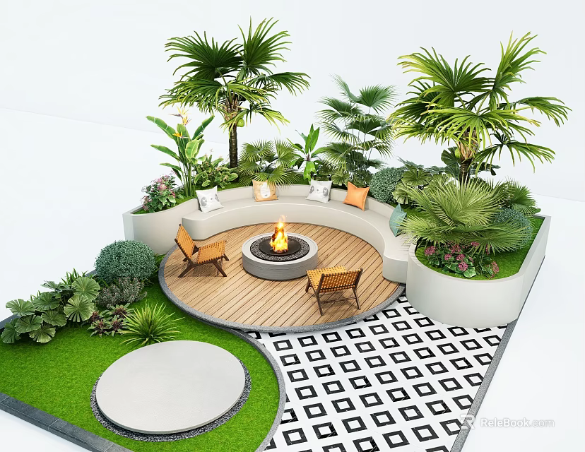 Courtyard Garden With Circular Fire Pit Seating Palm Trees And Green Lawn Design 3d model 