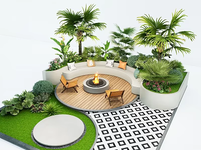 Courtyard Garden With Circular Fire Pit Seating Palm Trees And Green Lawn Design 3d model