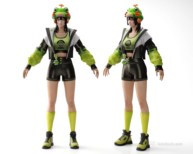 Game and Movie Character Wearing Frog Hat Green Black Outfit With Black Shorts 3d model 