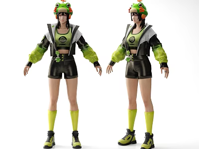 Game and Movie Character Wearing Frog Hat Green Black Outfit With Black Shorts 3d model