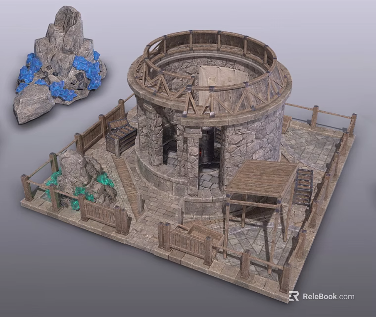 Circular Stone Building With Wooden Fences Steps Pavilion Rock Formations And Blue Decor 3d model 