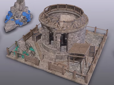 Circular Stone Building With Wooden Fences Steps Pavilion Rock Formations And Blue Decor 3d model