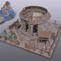 Circular Stone Building With Wooden Fences Steps Pavilion Rock Formations And Blue Decor