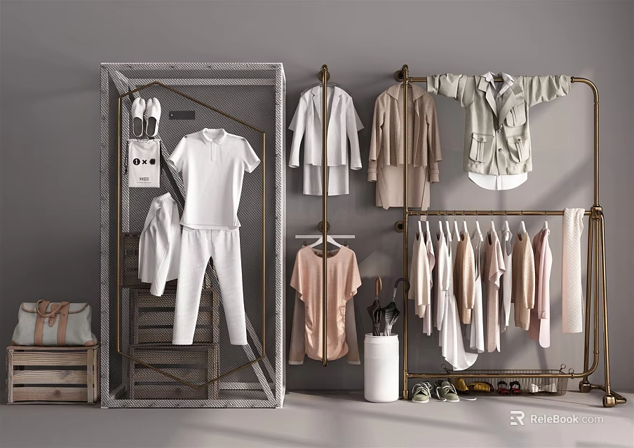 Modern Clothes Rack with Hanging Shirts Pants and Coats in Home Interior 3d model 