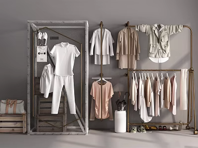 Modern Clothes Rack with Hanging Shirts Pants and Coats in Home Interior 3d model