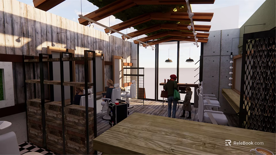 Modern Beauty Hair Salon Interior With Wooden Ceiling Metal Frames And Concrete Walls 3d model 