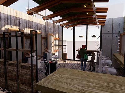 Modern Beauty Hair Salon Interior With Wooden Ceiling Metal Frames And Concrete Walls 3d model