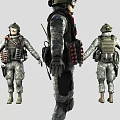 Game Movie Soldier Character In Camouflage Uniform With Tactical Gear Front Side Back Views