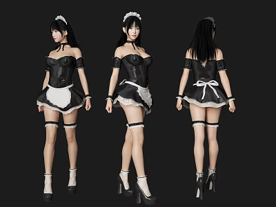 Game Movie Character Maid Costume Three Angles Black Off Shoulder White Apron Lace Stockings Heels 3d model
