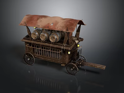Vintage Wooden Cart With Rusty Brown Canopy Three Bottles And Metal Railings 3d model
