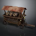 Vintage Wooden Cart With Rusty Brown Canopy Three Bottles And Metal Railings