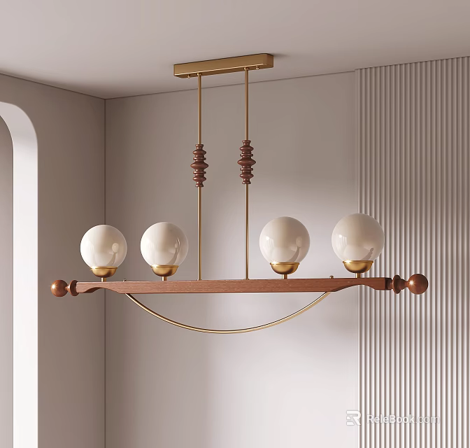 Modern Minimalist Interior Chandelier With Wooden Frame Brass Accents And Four White Globe Lights 3d model 