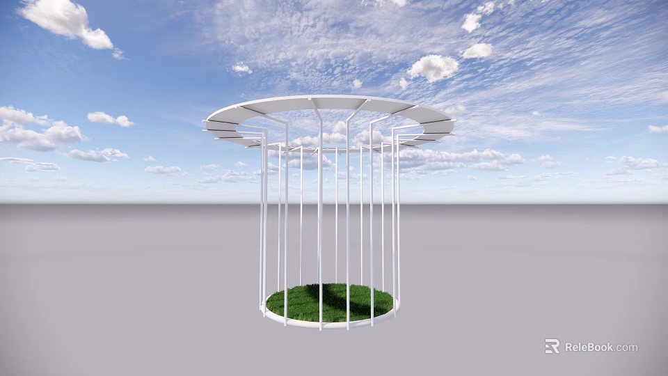 White Circular Pavilion With Vertical Pillars Green Grass Under Blue Sky And White Clouds 3d model 