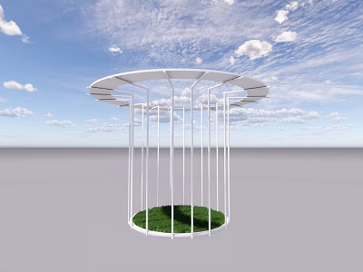 White Circular Pavilion With Vertical Pillars Green Grass Under Blue Sky And White Clouds 3d model
