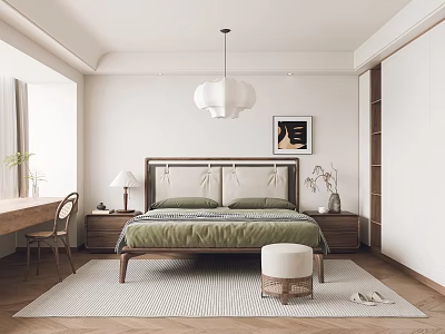 Modern Bedroom Interior With Green Bedspread Pendant Light Striped Rug And Wooden Floor 3d model