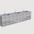 Long Rectangular Grey Stone Washbasin With Three Sinks And Faucets 3d model