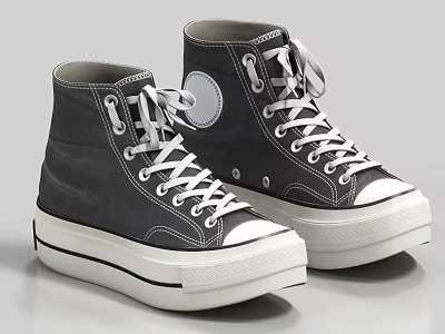 High Top Canvas Shoes with White Laces White Soles and Round Logo 3d model