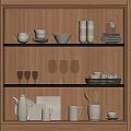 Elegant Tableware Set Arranged In Wooden Kitchen Cabinet With Bowls Plates Mugs And Glasses
