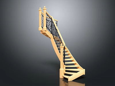 Wooden Curved Staircase Design With Black Iron Railings And Balusters 3d model