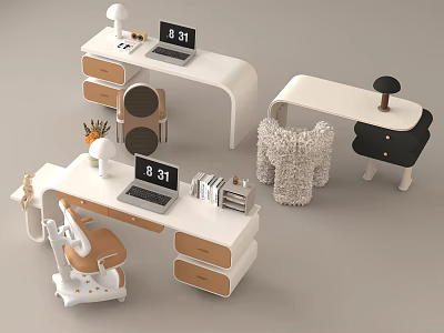 Modern Home Office Desk With Drawers Ergonomic Chair Laptop Books And Table Lamp 3d model