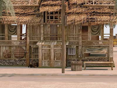 Traditional Thatched House Exterior With Wooden Structure Thatch Roof And Bench Barrels 3d model