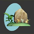 Cartoon Animal Characters with Stone Carvings Green Grass Leaves and Light Blue Background