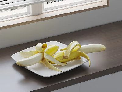 Fresh Peeled Banana on White Plate on Wooden Countertop Near Window 3d model