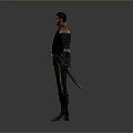 Detailed Game and Movie Character in Black Coat With Golden Accents and Boots