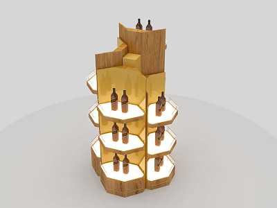 Wooden Wine Cabinet With Hexagonal Shelves Displaying Wine Bottles Modern Design 3d model