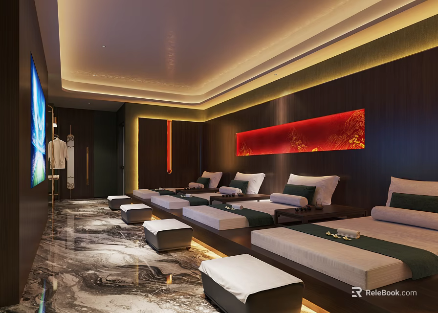 Luxurious SPA Sauna Interior With Comfortable Massage Beds Soft Lighting And Wooden Accents 3d model 