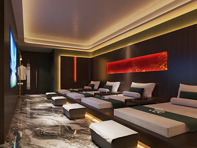 Luxurious SPA Sauna Interior With Comfortable Massage Beds Soft Lighting And Wooden Accents 3d model