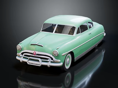 Light Green Vintage Classic Car With Shiny Exterior And Reflection On Black Surface 3d model