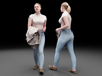 Woman Front Back View In Light Top Blue Jeans With Plaid Coat Black Background 3d model