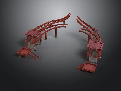 Traditional Red Arched Architectural Structure With Symmetrical Split Curved Design And Pillars 3d model