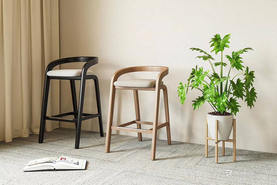 Black and Light Wood Bar Stools with Green Plant and Open Magazine on Carpet 3d model 
