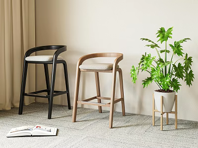 Black and Light Wood Bar Stools with Green Plant and Open Magazine on Carpet 3d model