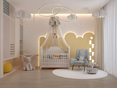 Modern Nursery Interior With Crib Cloud Pendant Lights Curved Walls Gray Armchair And Round Rug 3d model