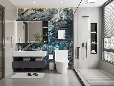 Modern Bathroom Interior With Marble Wall Glass Shower Vanity Toilet And Mirror 3d model