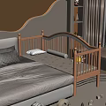 Wooden Toddler Bed with Guardrails Yellow Pattern Mattress Adjacent to Adult Bed and Wave Lighting