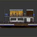 Floating Water Vessel With Blue Yellow Canopies Railing Platform And Windows