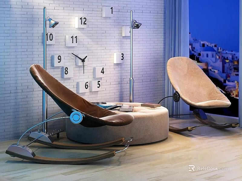 Modern Rocking Chairs in Interior with Brown Beige Design Wall Decor and White Building View 3d model 