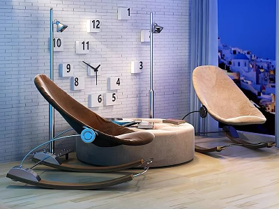 Modern Rocking Chairs in Interior with Brown Beige Design Wall Decor and White Building View 3d model