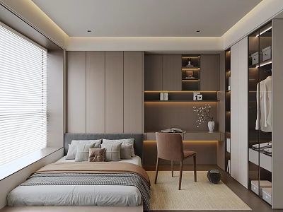 Modern Tatami Bedroom Interior Design With Window Blinds Wooden Cabinets And Desk Chair 3d model