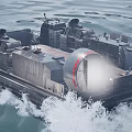 Hovercraft Warship Sailing On Sea With Large Fans And Inflatable Skirt Creating Water Splashes