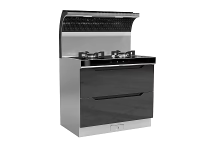 Stainless Steel Kitchen Stove with Gas Burners Range Hood and Storage Drawers 3d model
