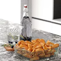 Clear Glass Bottle Black Berries And Orange Carrot Slices Decorative Ornaments Set On Marble Tabletop